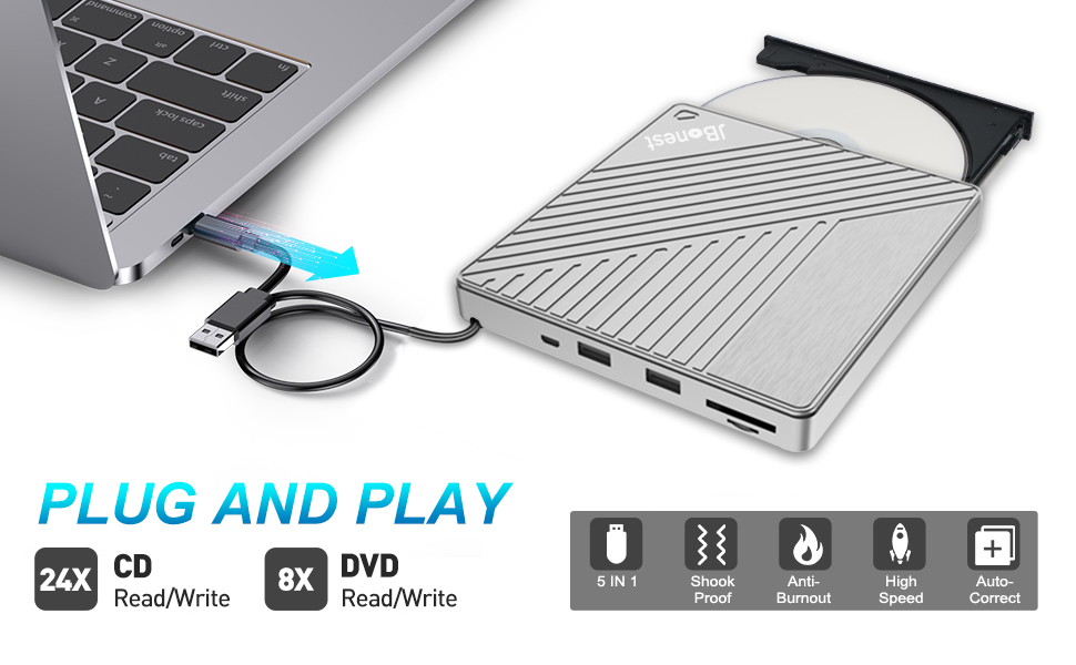 Зовнішній CD/DVD привід USB 3.0 Type-C з картридером SD/TF, портативний RW-записувач для ноутбука, ПК, MacBook (Windows, macOS, Linux), сірий