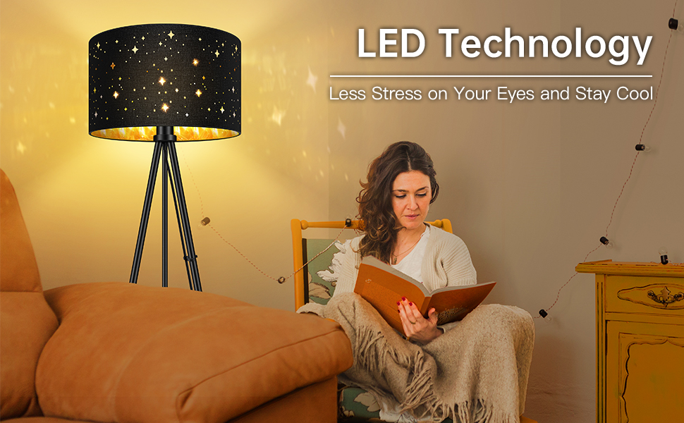 AUQUEE LED-стійка лампа для вітальні, 6W, сучасна тринога з металу, декоративний плафон, вимикач на корпусі, ретро лампа для читання, для вітальні, спальні (зірка+чорний та золото)