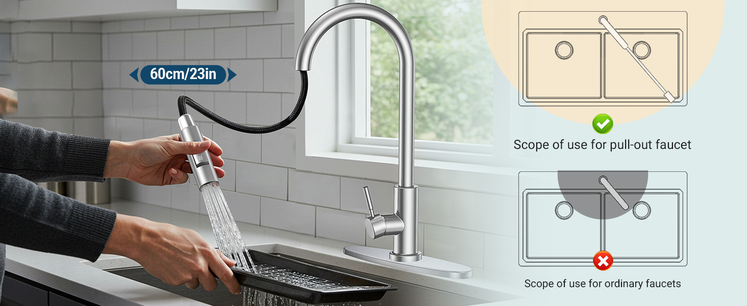 Кухонний змішувач Wasserhahn з висувною лійкою, поворотний на 360°, 2 функції, однорідний, для кухні (сріблястий)