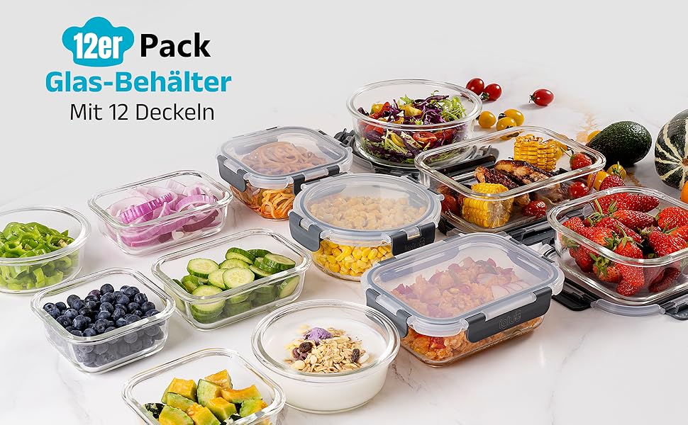Набір контейнерів для їжі Igluu Meal Prep (12 шт.) – 1050 мл, Borosilikatglas, BPA-free, мікрохвильовка, духовка, морозильник, посудомийна машина, витікання