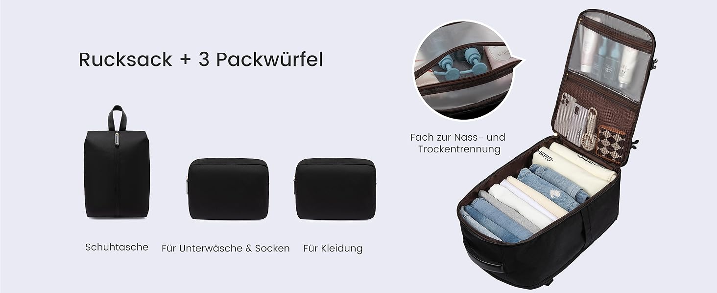 LOVEVOOK Рюкзак для ручної поклажі, дорожній рюкзак 45L, валіза-рюкзак для ноутбука 17.3 дюйма, для подорожей, ділових поїздок, вихідних (1-чорний, 47x20x34 см, 40L, комплект)