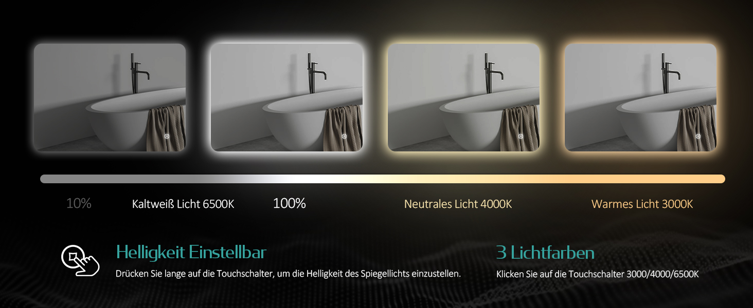 Дзеркало для ванної кімнати EMKE з підсвічуванням 50x70 см, проти запотівання, 3 кольори світла, диммування, сенсорне управління, функція пам'яті та автоматичне вимкнення через 3 години