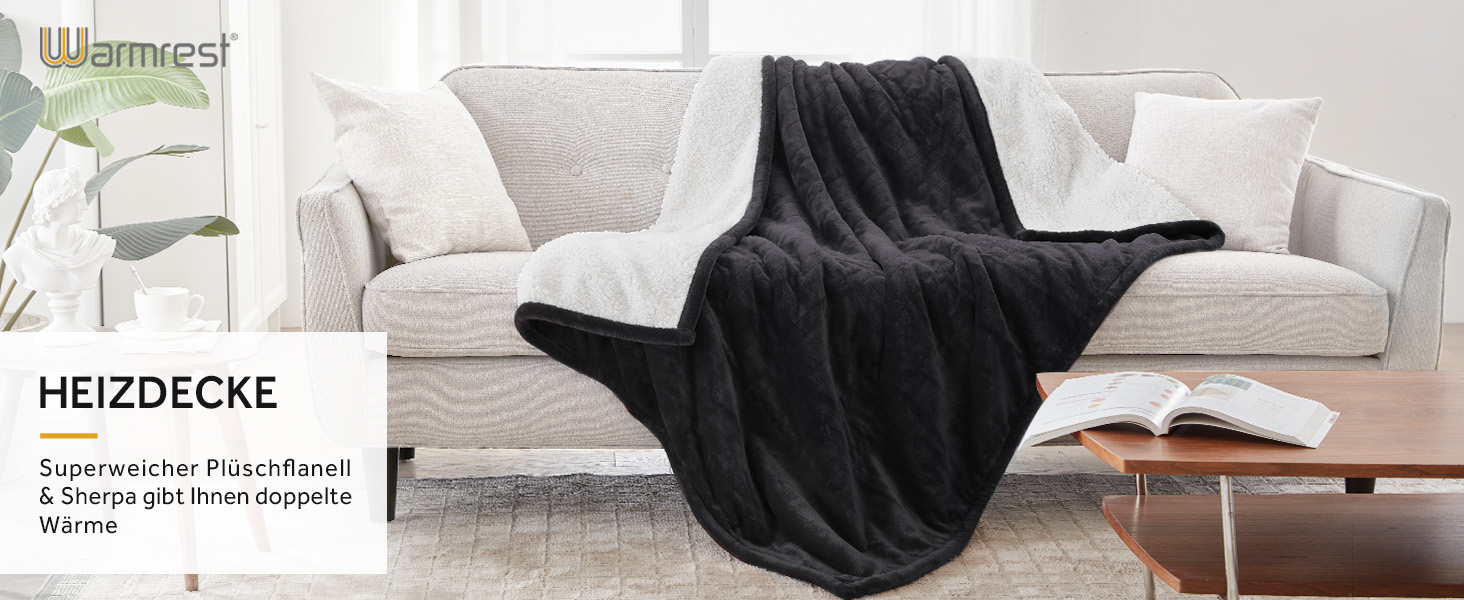 Електрична ковдра Warmrest 130x180 см, сіра, фланель-шерпа, 6 температурних режимів, таймер, захист від перегріву, пральна машина