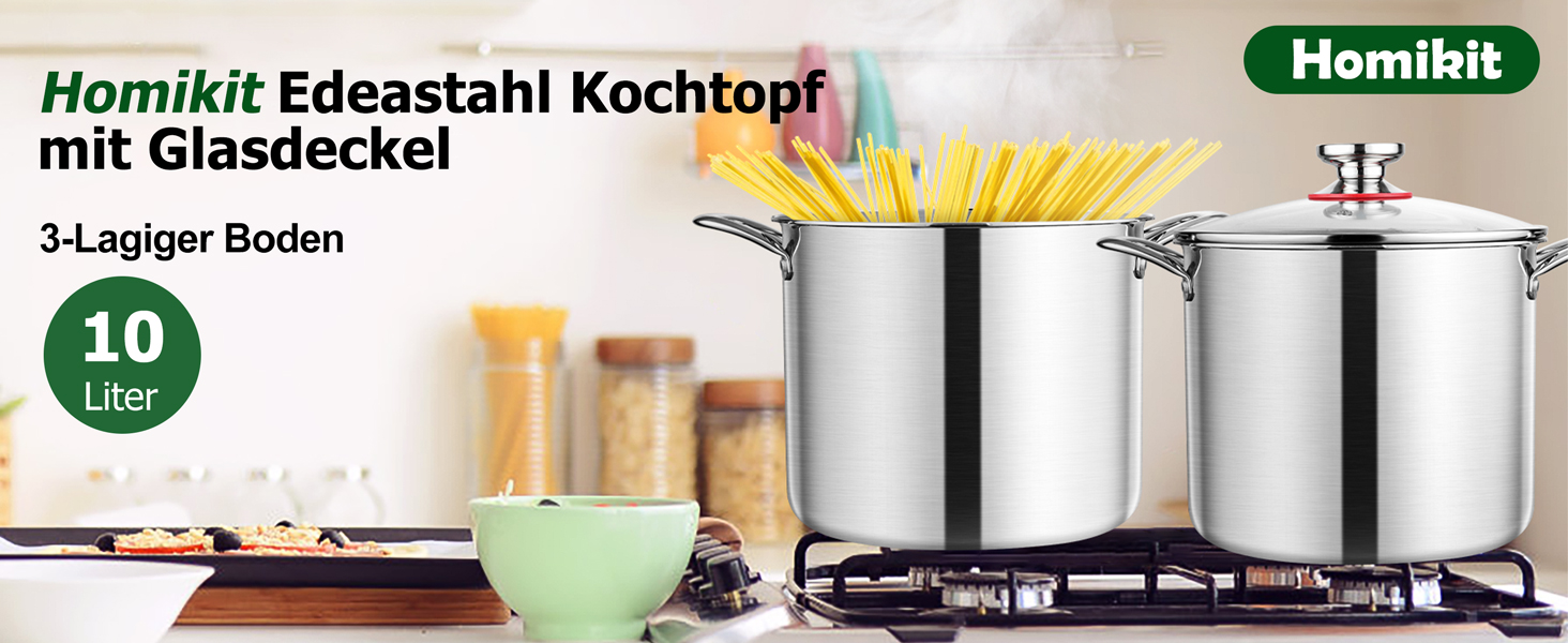 Каструля Homikit 20 см, 3-шарівна нержавіюча сталь, 3,3 л, з кришкою з термостійкого скла, для всіх типів плит, нержавіюча сталь, полірована, без покриття, для здорового приготування, можна мити в посудомийній машині