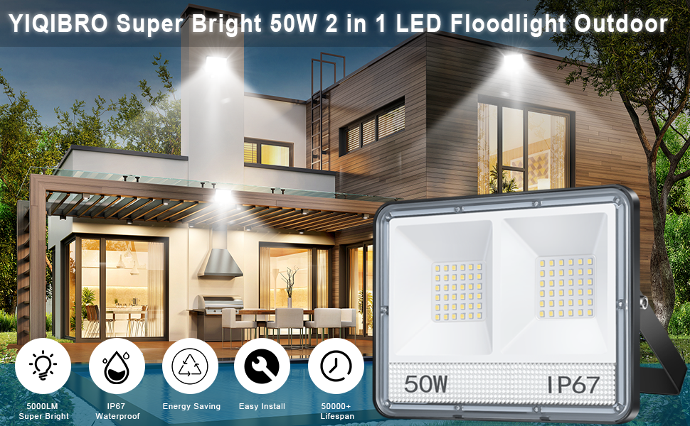 LED прожектор для вулиці YIQIBRO 50Вт 2шт, 5000Лм, 7000K, IP67, холодне світло для саду, гаража, двору, тераси