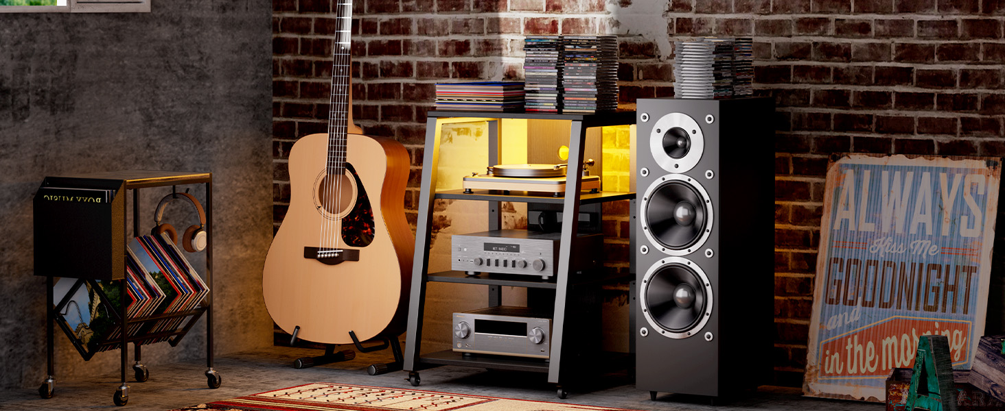 Lifewit Аудіостійка HiFi з полицями, колесами та LED-підсвіткою, 60x55x90 см, коричнево-чорна