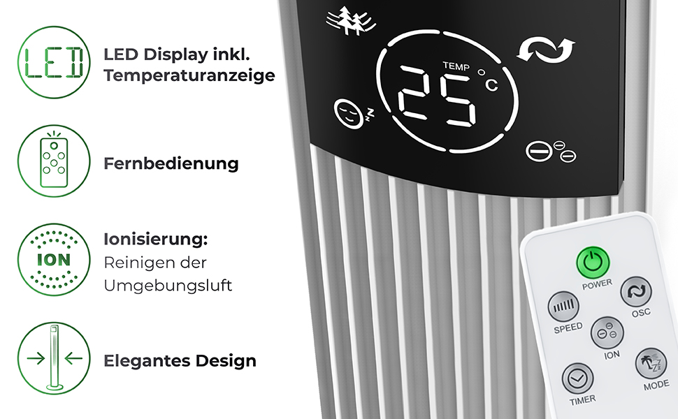 Вентилятор турецький Be Cool 121 см, 3 швидкості, осциляція, LED-дисплей, таймер 12год, іонізатор, пульт, білий, 45W