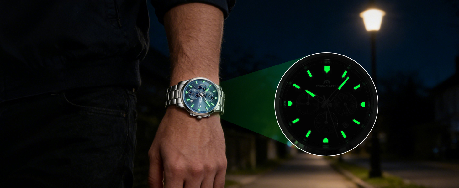 Чоловічий годинник MEGALITH з нержавіючої сталі, хронограф, водостійкий, аналоговий годинник для бізнесу, з календарем та підсвічуванням (B-silber-an)