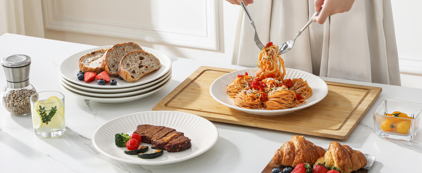 Набір посуду MALACASA LEILA на 6 осіб, 24 предмети: тарілки, миски, посуд з порцеляни з ручним рельєфним дизайном, безпечний для мікрохвильової печі та посудомийної машини, білий