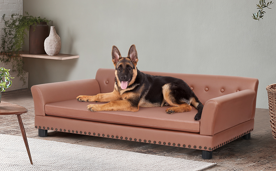 Софа для собак BingoPaw Luxus: велика ортопедична лежанка для собак XL з дихаючого водонепроникного шкірозамінника, сучасна лежанка для тварин з підголівником та дерев'яними ніжками, 120x74x40 см (колір: коричневий)