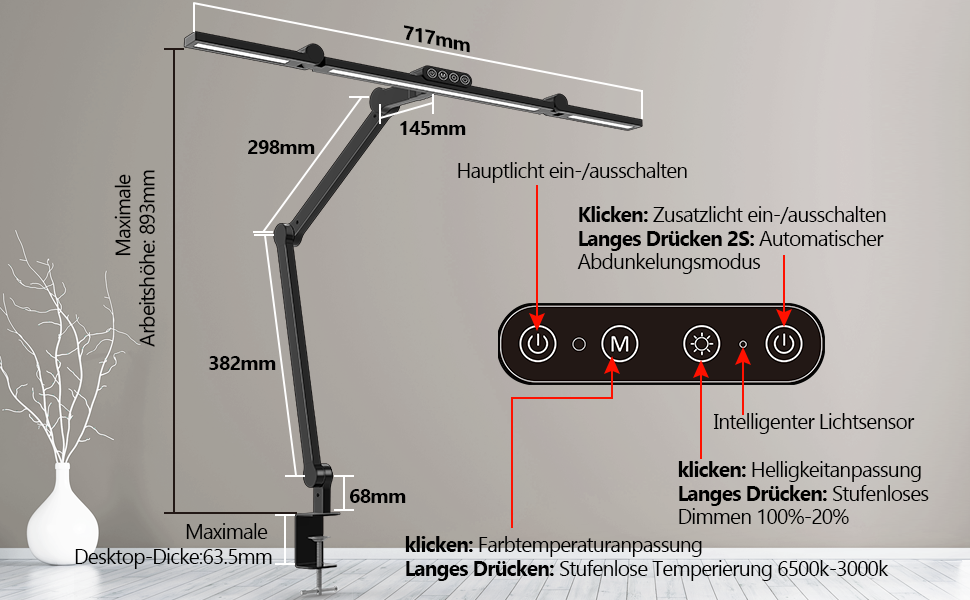 LED лампа настільна 24W з регулюванням яскравості, 1500 люменів, для дому та офісу, з підсвічуванням, гнучка, чорна [Енергоклас G]