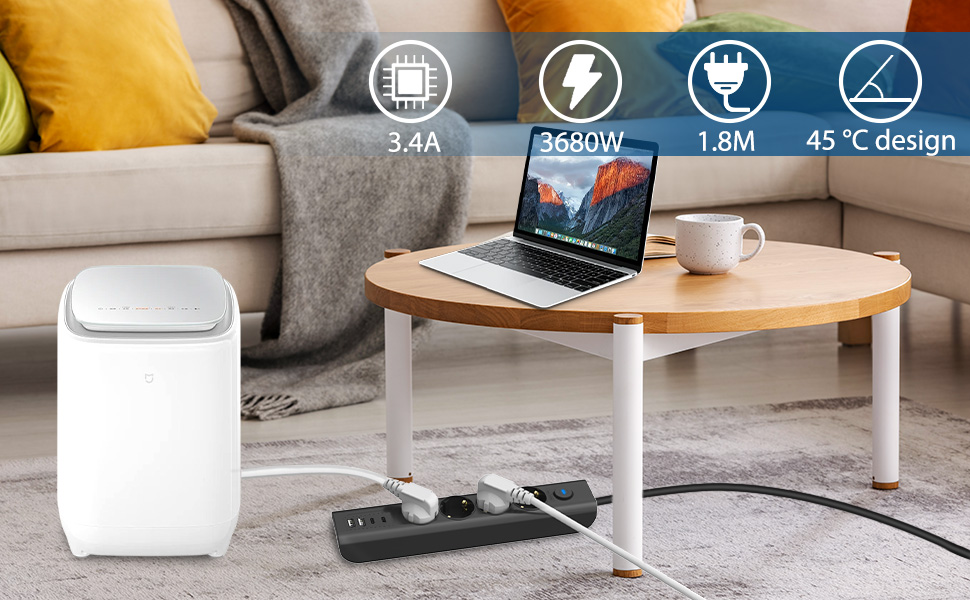 Многофункціональна мережева розетка 8 в 1 з USB, 3680W, з вимикачем, 16A, 2 USB-C, для смартфонів, ноутбуків, iPad, білий/чорний, 1.8м кабель