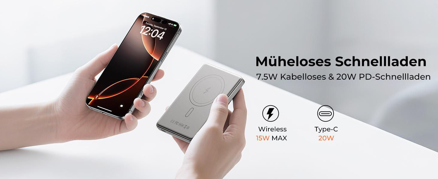 Power Bank KU XIU Magsafe 5000mAh: Тонкий, з підтримкою MagSafe, з кільцем для кріплення, PD 20W, для iPhone 17/16/15/14/13/12 (Титан)