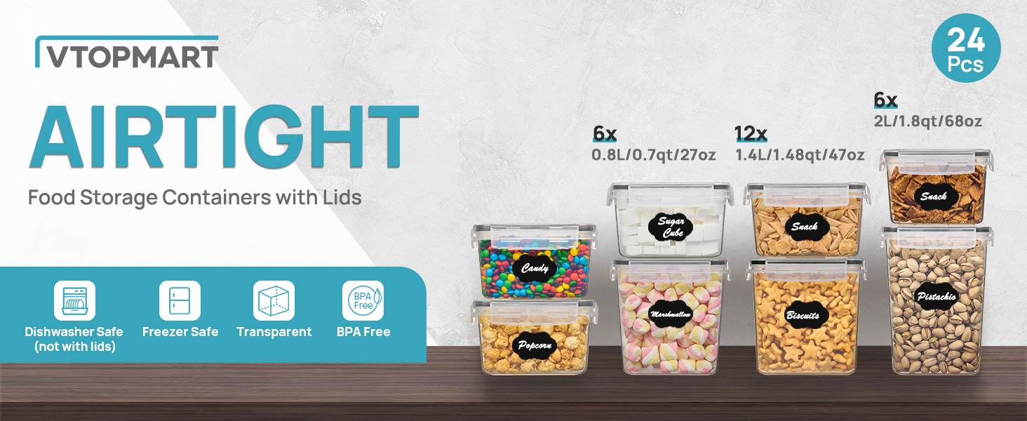 Набір контейнерів для зберігання Vtopmart з кришкою, 24 шт. - BPA-free, для борошна, цукру, круп. З ручкою та етикетками
