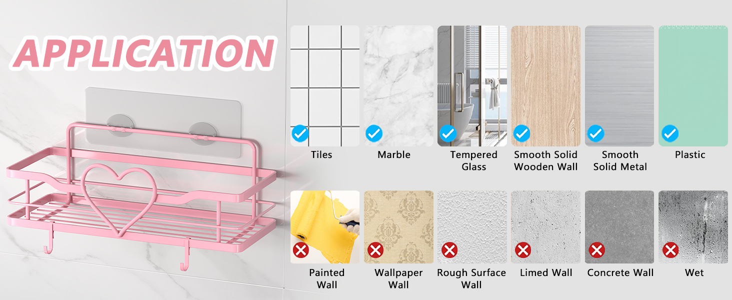 Двостороння поличка для душу без свердління, рожева, з 4 гачками, 11.5 см - органайзер для шампуню та мила