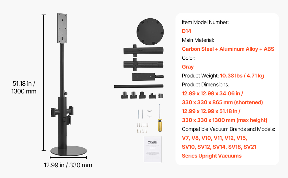 Підставка для пилососа VEVOR 126 см, сумісна з Dyson G5, V15, V12, V11, V10, V8, V7, V6, з аксесуарами, підлогова стійка, кріплення з 6 гачками та антиковзкими ніжками, срібна (з висувною трубою, чорна)
