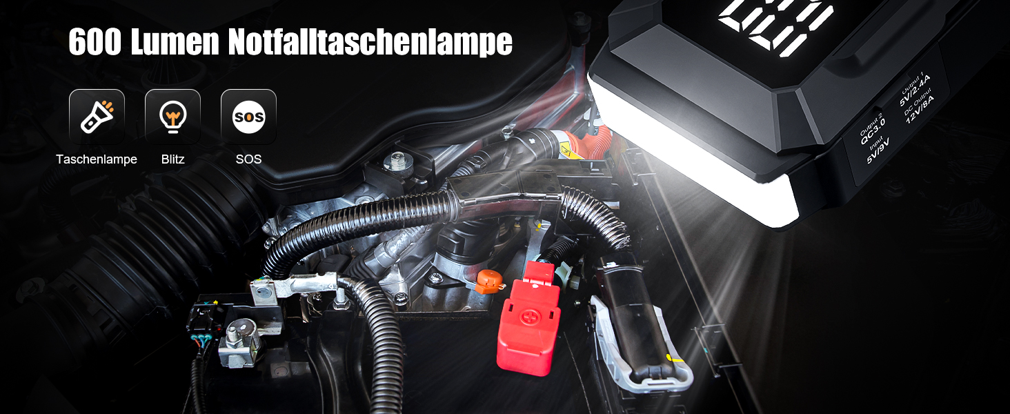 Powerbank Starthilfe Povasee UltraSafe для автомобіля 12V: Jump Starter з LED, 5000A, 2 USB-виходи (до 10л бензину/8л дизеля)