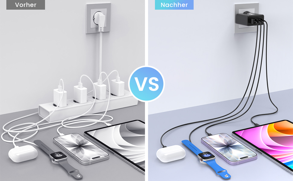 Мережевий зарядний пристрій USB C, 2 шт. 80W, 4 порти USB, швидка зарядка, адаптер для смартфонів, iPad, навушників, чорний