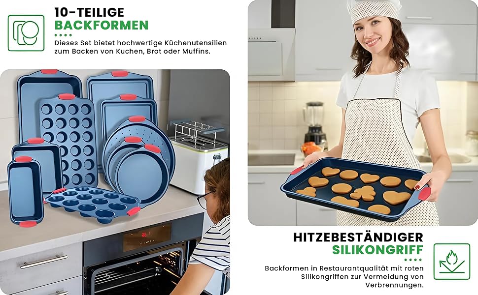 Набір форм для випічки Nutrichef 10 шт. з антипригарним покриттям – для випічки солодкого (печиво) та солоного (піца) – з вуглецевої сталі, без PFOA та PTFE, з силіконовими ручками (круглі/квадратні)