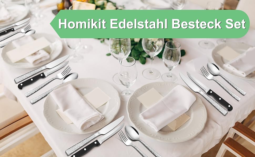 Homikit Cutlery Set, 36-Piece Cutlery Set with Steak Knives, Stainless Steel Polished Eating Cutlery for 6 People with Spoon, Knife, Fork, Hammered Flatware, Rust-Proof & Dishwasher Safe