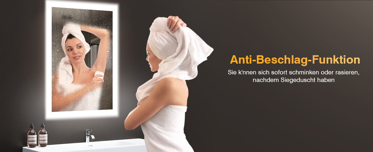 Дзеркало для ванної кімнати з підсвічуванням 50x70 см, LED, антизапар, 2 кольори світла (3000K/6500K), прямокутне, без рами