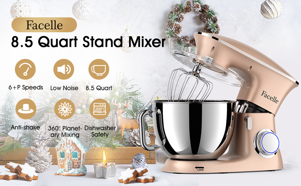 Facelle 2000W 8.5L Stand Mixer - Dough & Cake Mixer with Whisk, Dough Hook, Beater & Splash Guard for Baking, Cakes, Cookies, Kneading, 6+ Speed - Champagne Color