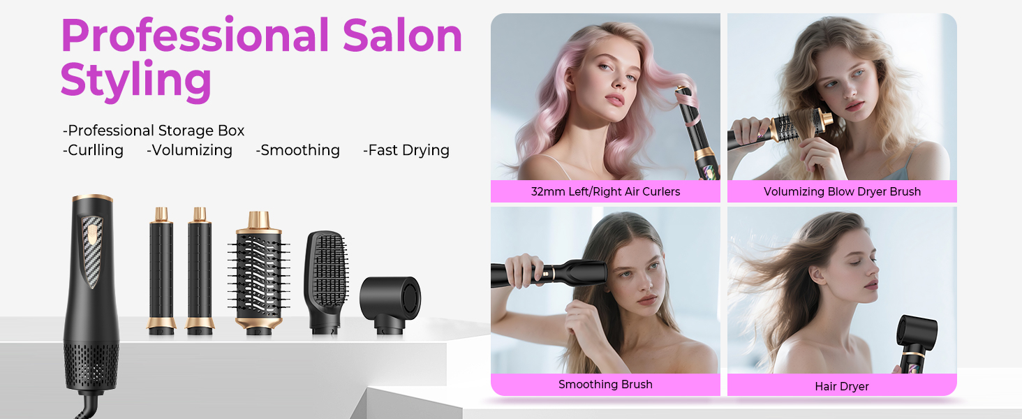 Pro Airstyler 5 в 1: Фен-щітка з іонізацією та насадкою для локонів 30 мм | 1000W, для об'єму, сушіння, випрямлення та локонів (Чорний)