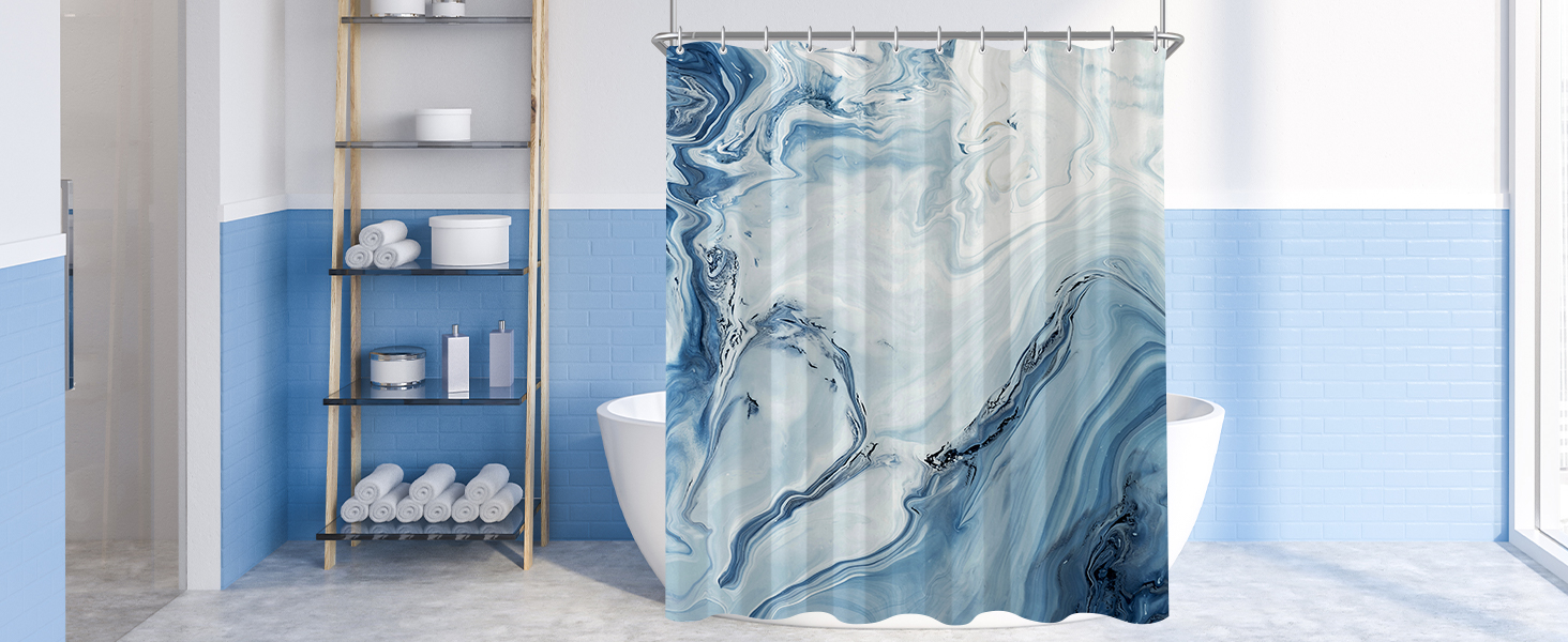 Штора для душу 180x200 см з утяжеленим краєм, антигрибкова, водовідштовхувальна, поліестер, з кільцями (Блакитний градієнт мармуру)