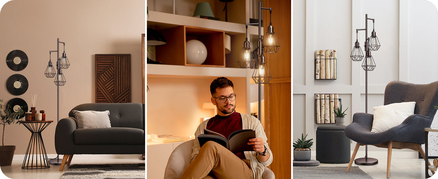 LED торшер Edishine для вітальні, 3 лампи, ретро стиль, диммування, 4W E27, регулювання поворотною ручкою, індустріальний дизайн, металевий абажур-сітка, 2700K, висота 166 см, колір: коричневий
