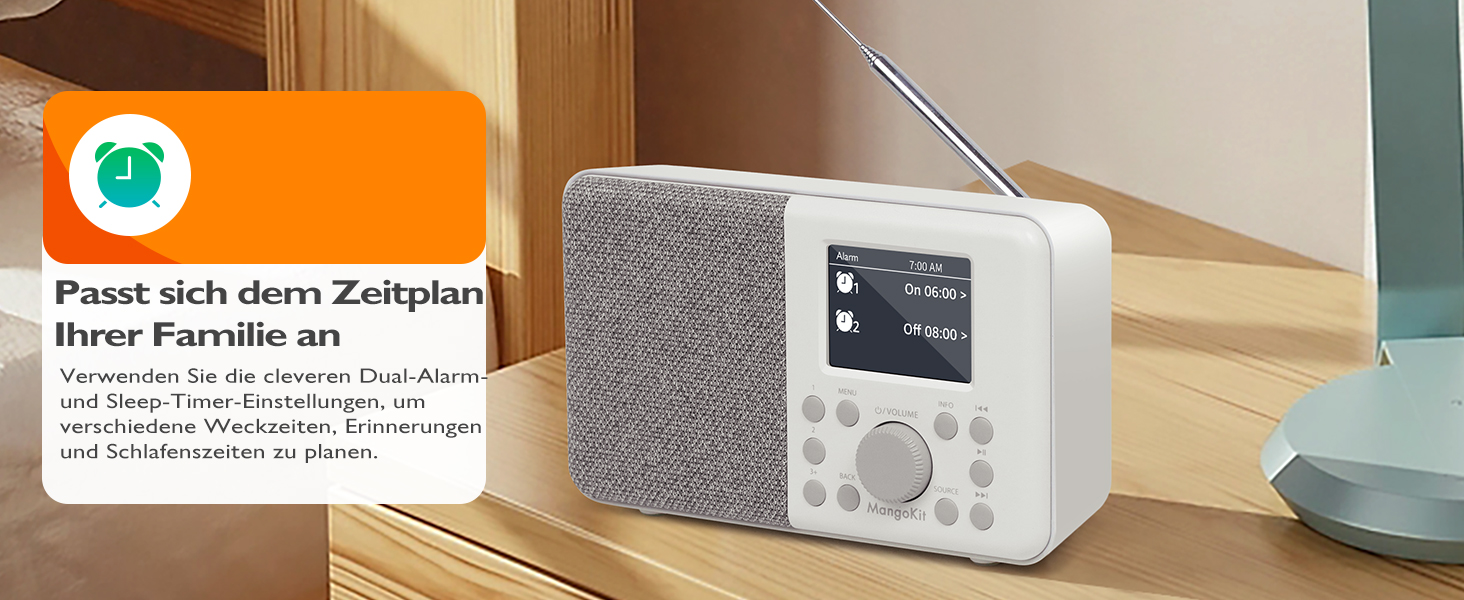 Портативне цифрове радіо MD3 DAB/DAB+/FM з Bluetooth, динаміком та навушниками, 40 станцій, будильник, годинник, таймер, кольоровий дисплей, батарея/мережа (сірий камінь)
