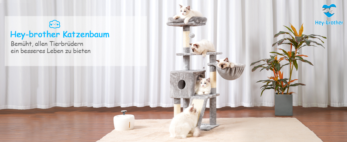 Котячий будиночок Hey-brother Kratzbaum 108 см, багатоярусний котячий комплекс з когтеточками, рампою, гніздечком та іграшками, сірий MPJ007SW