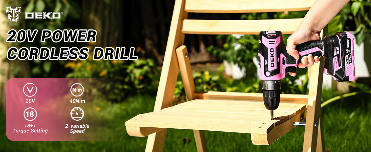 Акумуляторний шурупокрут DEKOPRO 20V 40 Nm: комплект з 2 акумуляторами, LED, 18+1 момент, для дому та DIY, рожевий