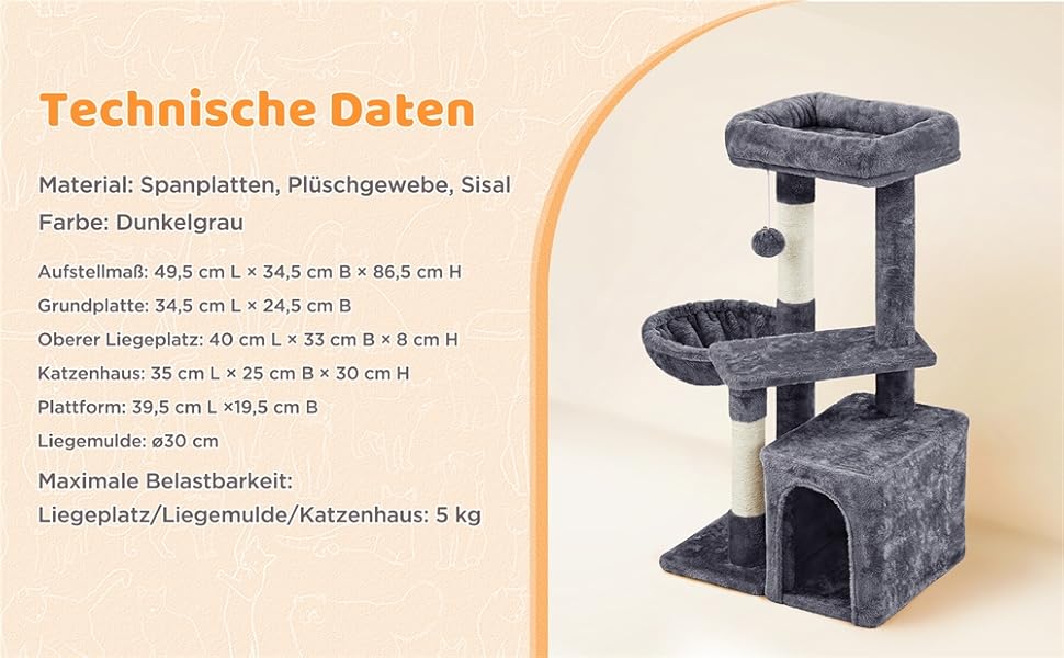 Драбина-кітчечка Yaheetech 87 см: кігтеточка, ліжко, оглядова платформа, печера для котів, сизаль, темно-сірий