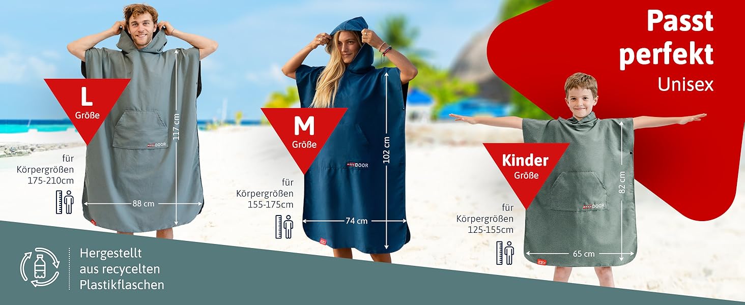 Пончо-рушник AUTDOOR® з мікрофібри для пляжу та водних видів спорту, жіноче та чоловіче, швидковисихаюче, компактне, з переробленого PET, колір синій, розмір M