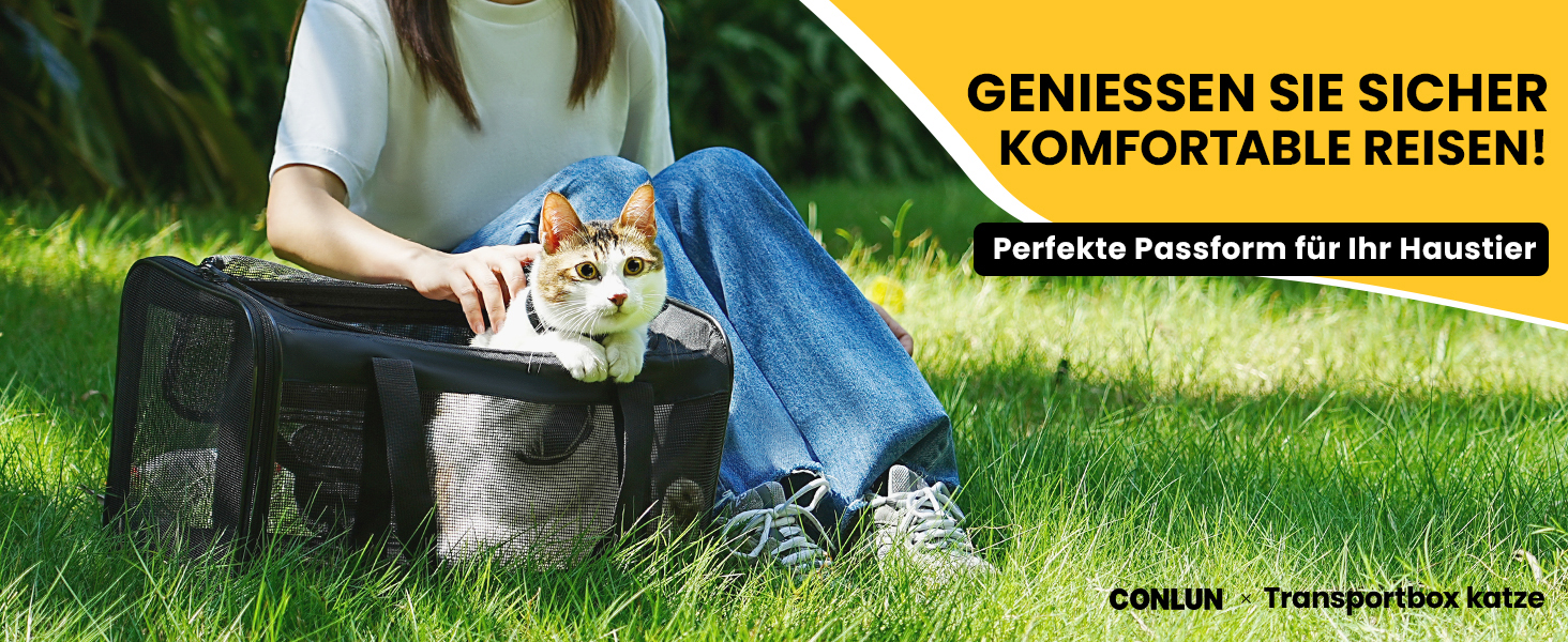 Транспортна переноска для кота Conlun, м'яка переноска з сіткою з 4 сторін, підходить для перевезень літаком, для кошенят та малих котів до 6 кг, чорна, 43x28x28 см
