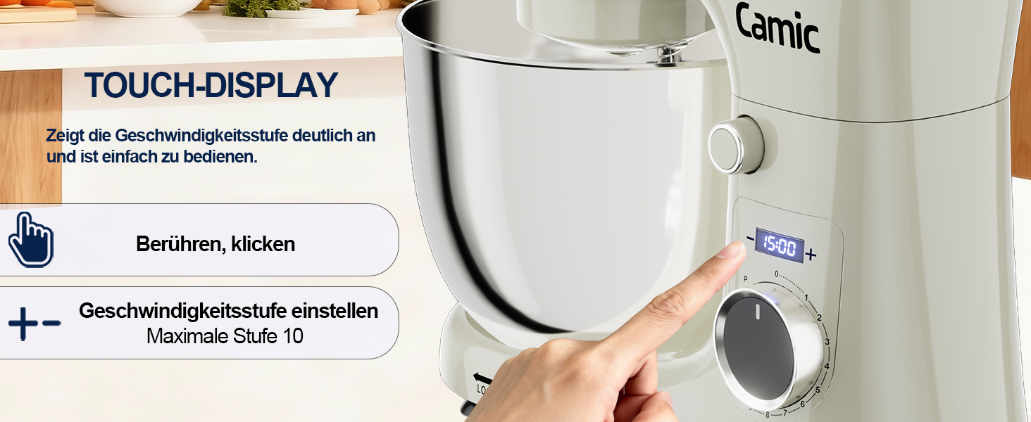 Кухонна машина Camic з 3 насадками (гак, міксер, вінчик), планетарний міксер з LED-дисплеєм, 10 швидкостей, 2 чашами з нержавіючої сталі 4Л та 5Л, для тіста, хліба, піци та тортів (Білий)