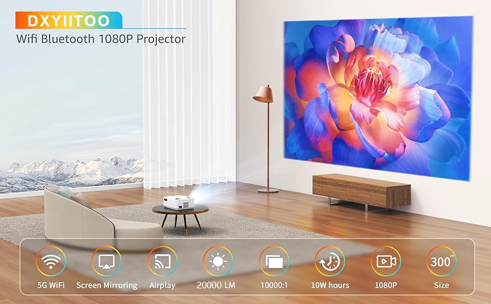 Проектор Nativer 1080P з Wi-Fi та Bluetooth, Full HD для кінотеатру на відкритому повітрі, 300-дюймовий дисплей, 4K, сумісний з iOS/Android/PC/XBox/PS4/TV-Stick/HDMI/USB, білий