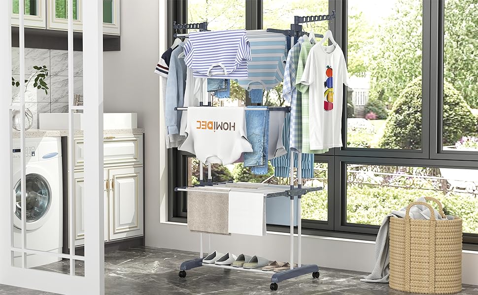 HOMIDEC Clothes Drying Rack Clothes Dryer Tower with Wheels, Space-Saving - with 6 Folding Wings and 2 Swivel Side Wings, Stainless Steel Standing Dryer Clothes Tower for Indoor and Outdoor Use, Grey Grey XL