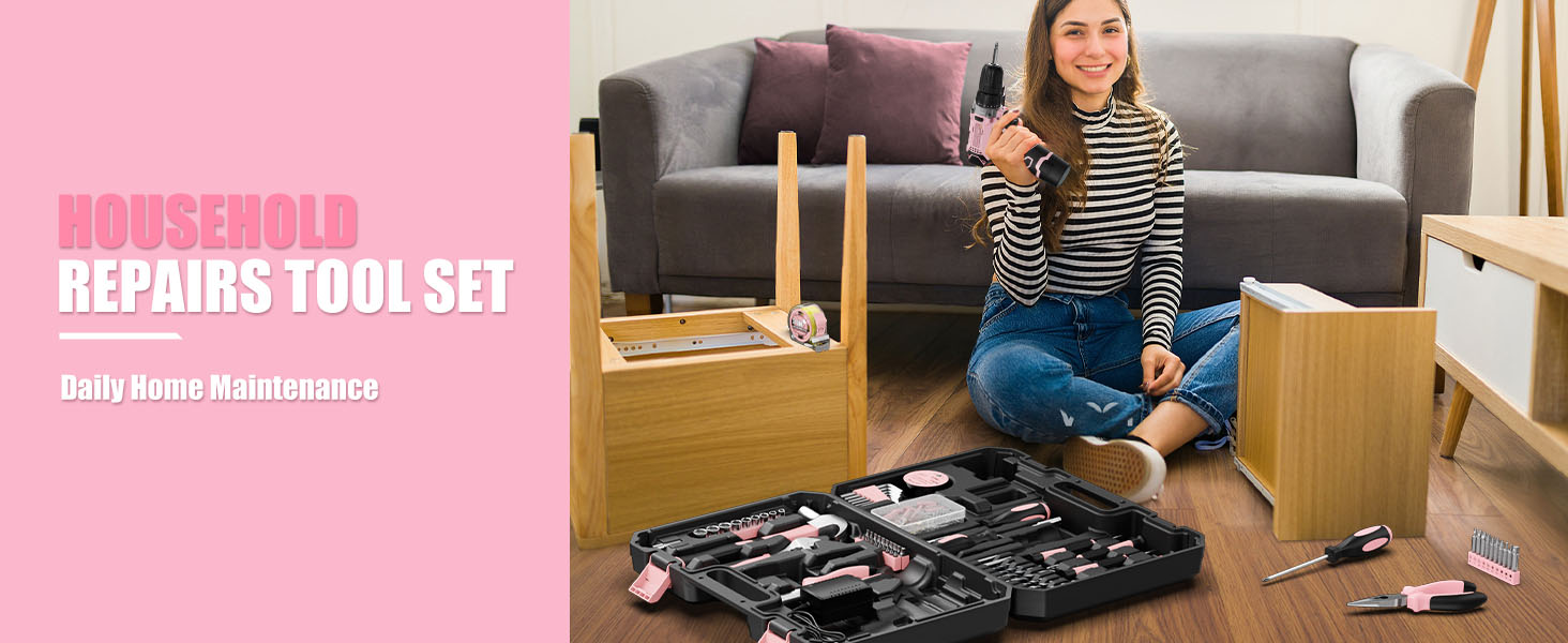 Набір інструментів Sundpey 206tlg з акумуляторною дрилем 12V для ремонту вдома та DIY, рожевий