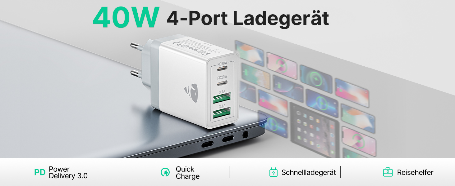 Багатопортовий зарядний пристрій Aioneus USB-C 40W з 4 портами (USB-C та USB-A) для iPhone, Samsung та інших телефонів, білий