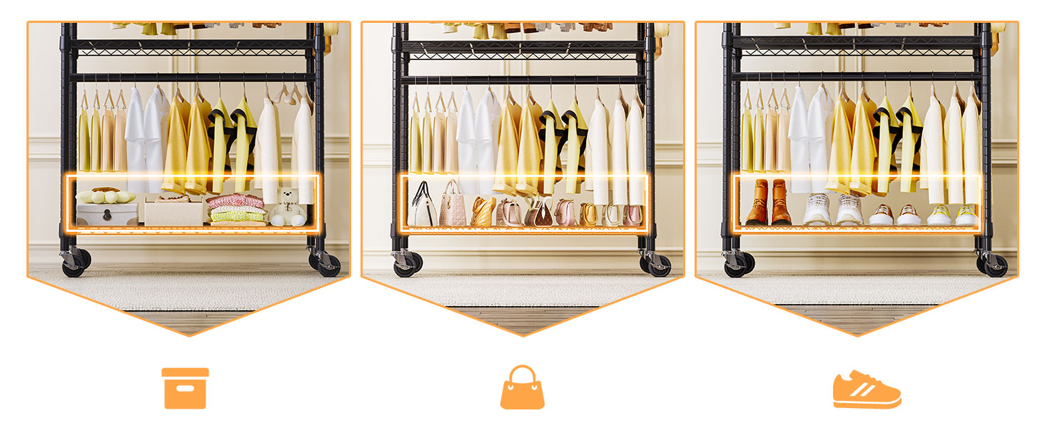 Міцний мобільний вішак для одягу з 3 рівнями, регульованими полицями, 2 штангами та гачками, чорний 40x75x189.3 см