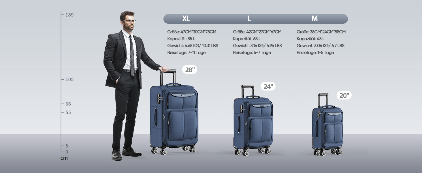 Набір валіз SHOWKOO 3 шт. з м'якою шкаралупою, розширюваний, легкий, міцний, з TSA замком та 4 колесами (1 шт. - блакитний)