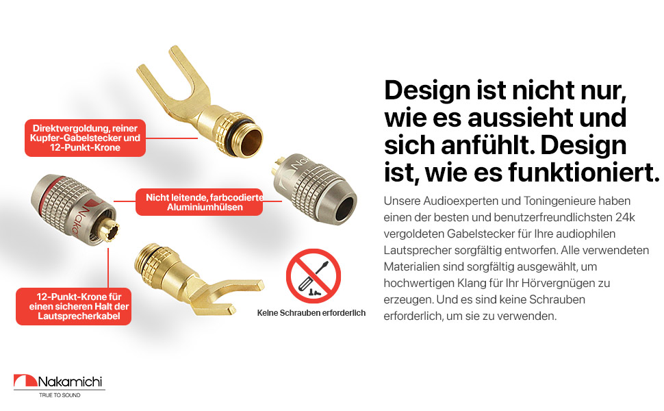 Позолочений Y-подібний роз'єм Nakamichi FanLock Excel-Serie для акустичних кабелів 10-18 AWG, 4мм, для Hi-Fi стерео та домашнього кінотеатру, 4 шт (2 пари)