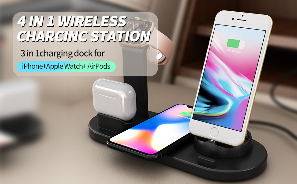 База для бездротової зарядки 6-в-1, 360° обертання, сумісна з Apple, Micro, Type-C, Qi, iWatch, AirPods, iPhone, Samsung Galaxy, чорний