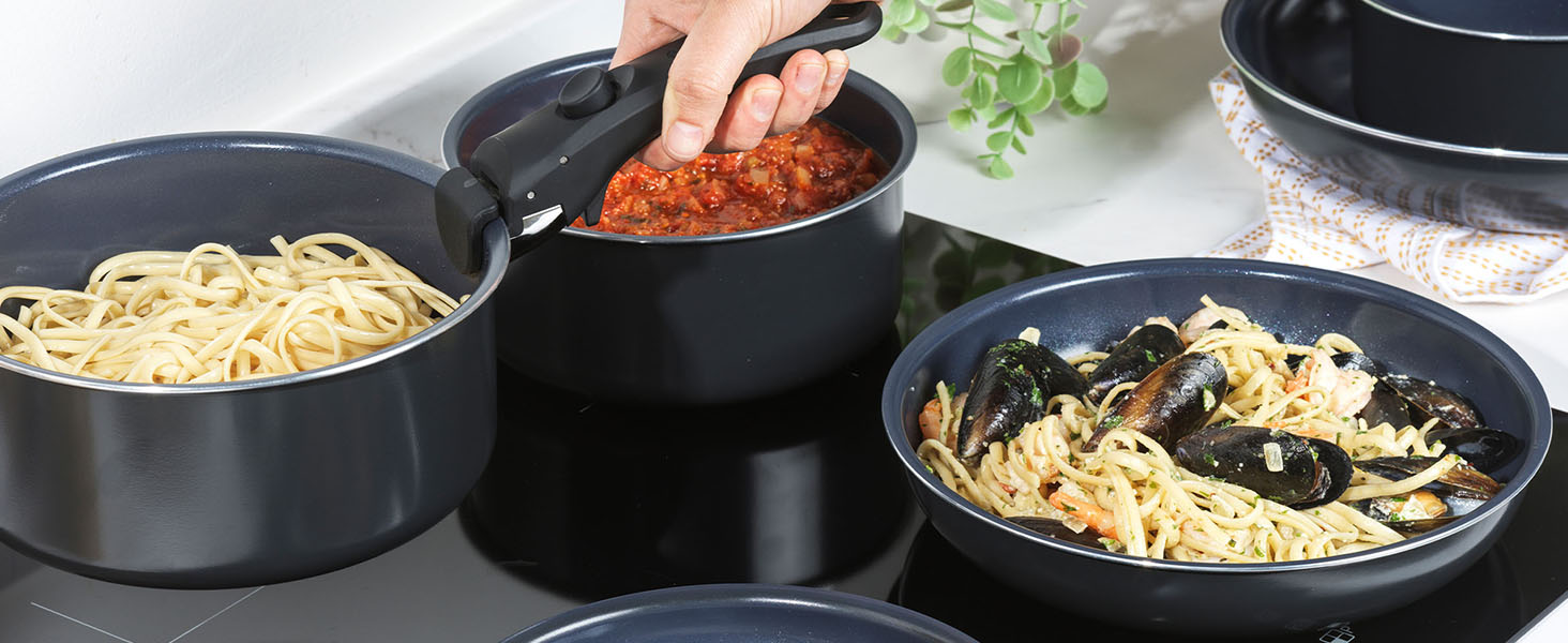 Набір сковорідок Russell Hobbs Smart Clip & Cook, 3 шт, антипригарні, знімна ручка, для індукції, духовки, 20/24/28 см, Nightfall Stone