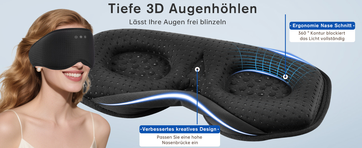 Маска для сну Dolida з Bluetooth навушниками V5.4, 3D контурні подушечки для очей, мікрофон, для бічних положень, подорожей, глибокий чорний колір