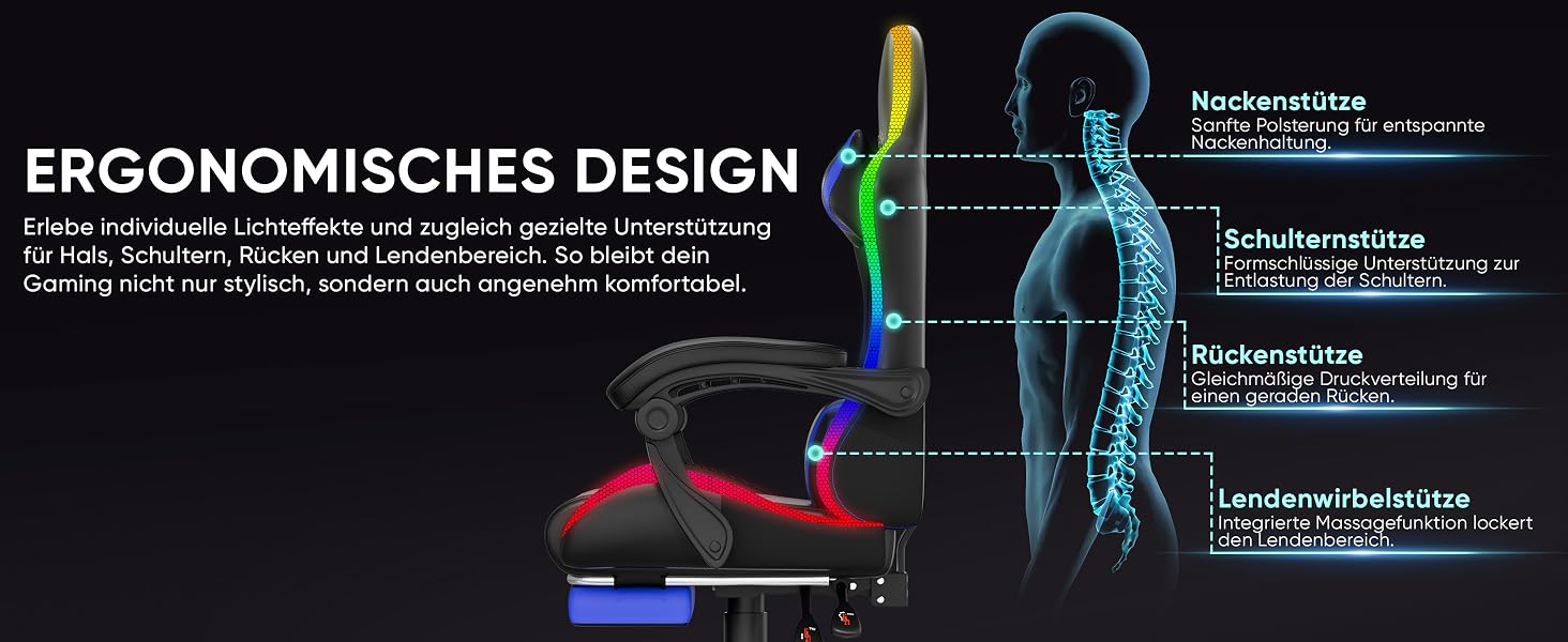Геймерське крісло Czlolo RGB LED з підставкою для ніг, ергономічне, для дорослих та дітей, блакитне