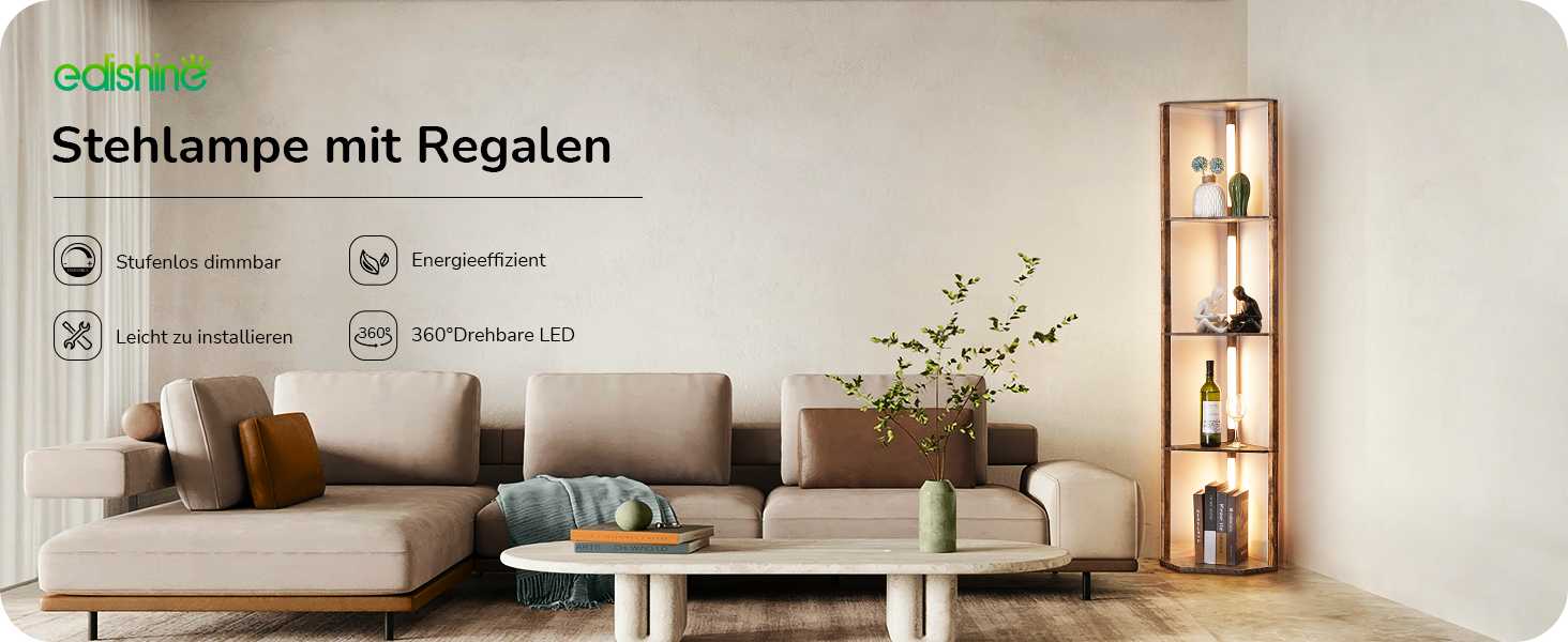 LED торшер EDISHINE з 4 дерев'яними полицями, регульоване освітлення, 3 колірні температури, поворотний світловий стержень, підсвічування полиць, футовий вимикач, вінтажний коричневий