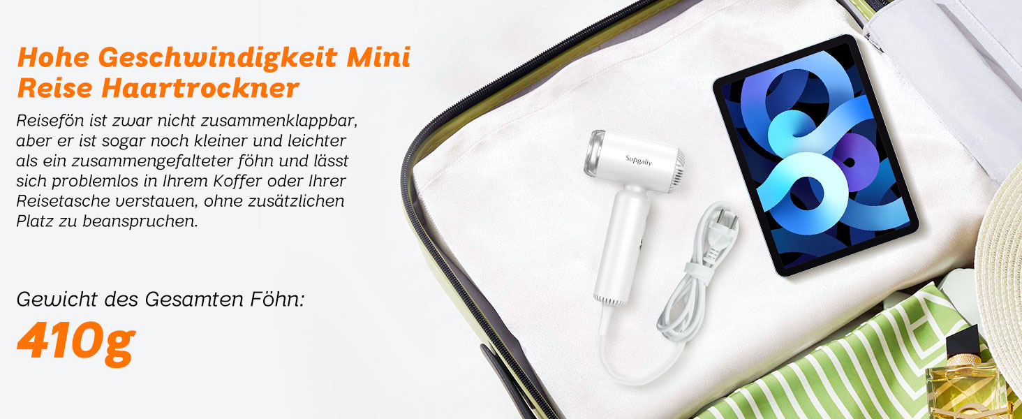 Подорожній фен з дифузором, легкий та компактний 1500W, Supgaliy Mini Іонний фен (290г, суперлегкий, 2 аксесуари для укладки, 4 температурні режими, 2 швидкості повітря)