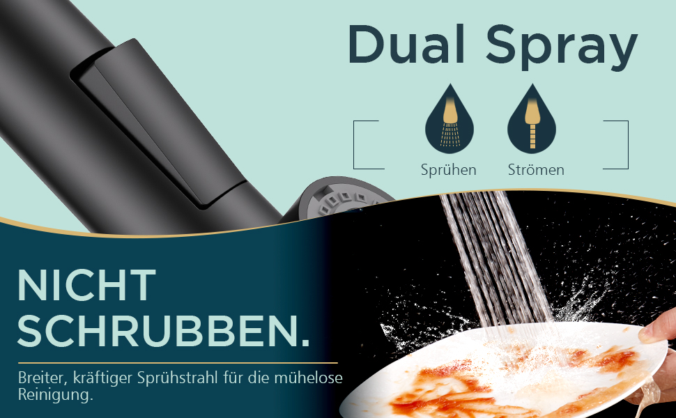 Кран FORIOUS для кухні з висувною лійкою, душовою насадкою, поворотний на 360°, 2 режими розпилення, матовий чорний